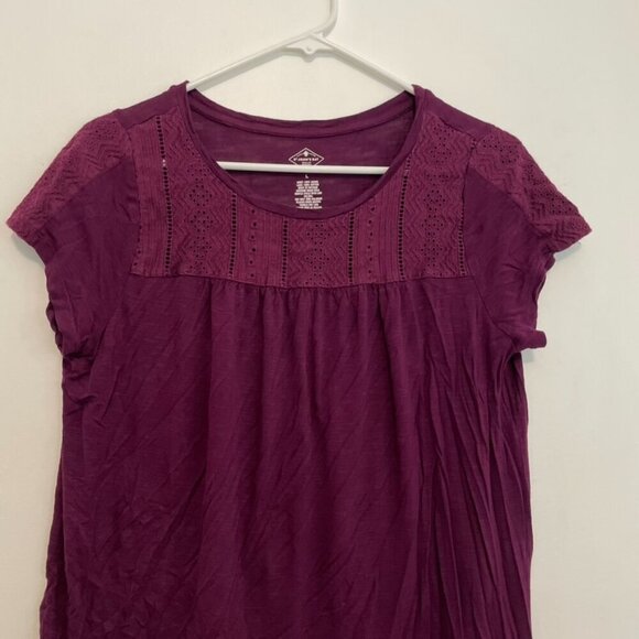 ST. JOHN'S BAY Plum Purple Geo Geometric Crochet Trim Boho Short Sleeve Blouse L - Picture 2 of 10